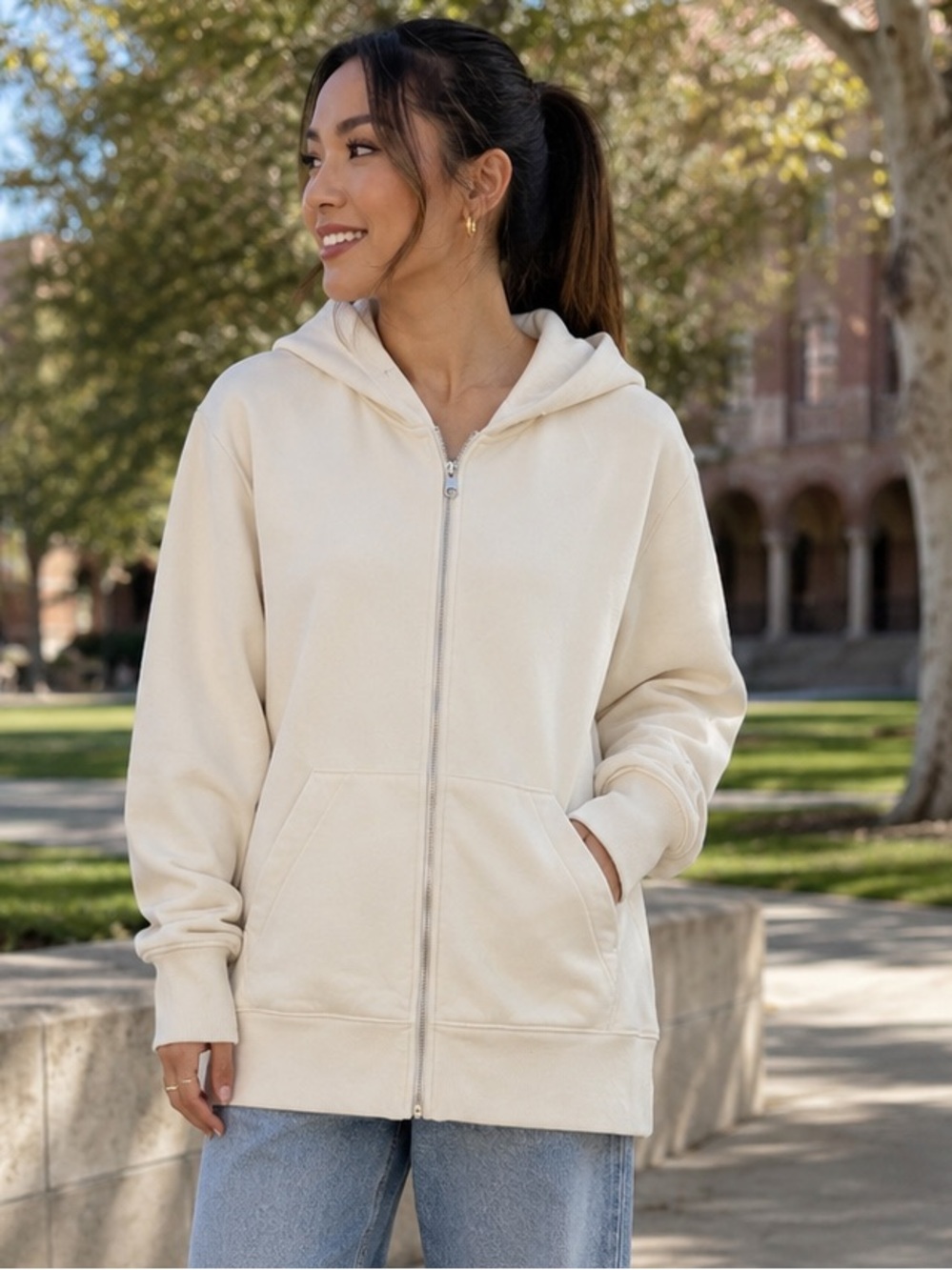 H&M Long Sleeve Cream Pocketed Zip-Up Hoodie Pull Over Sweatshirt Casual XS